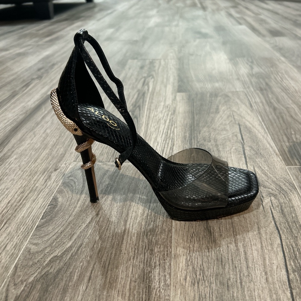 Aldo Black and Gold Peep-Toe Heels with Metallic Stiletto